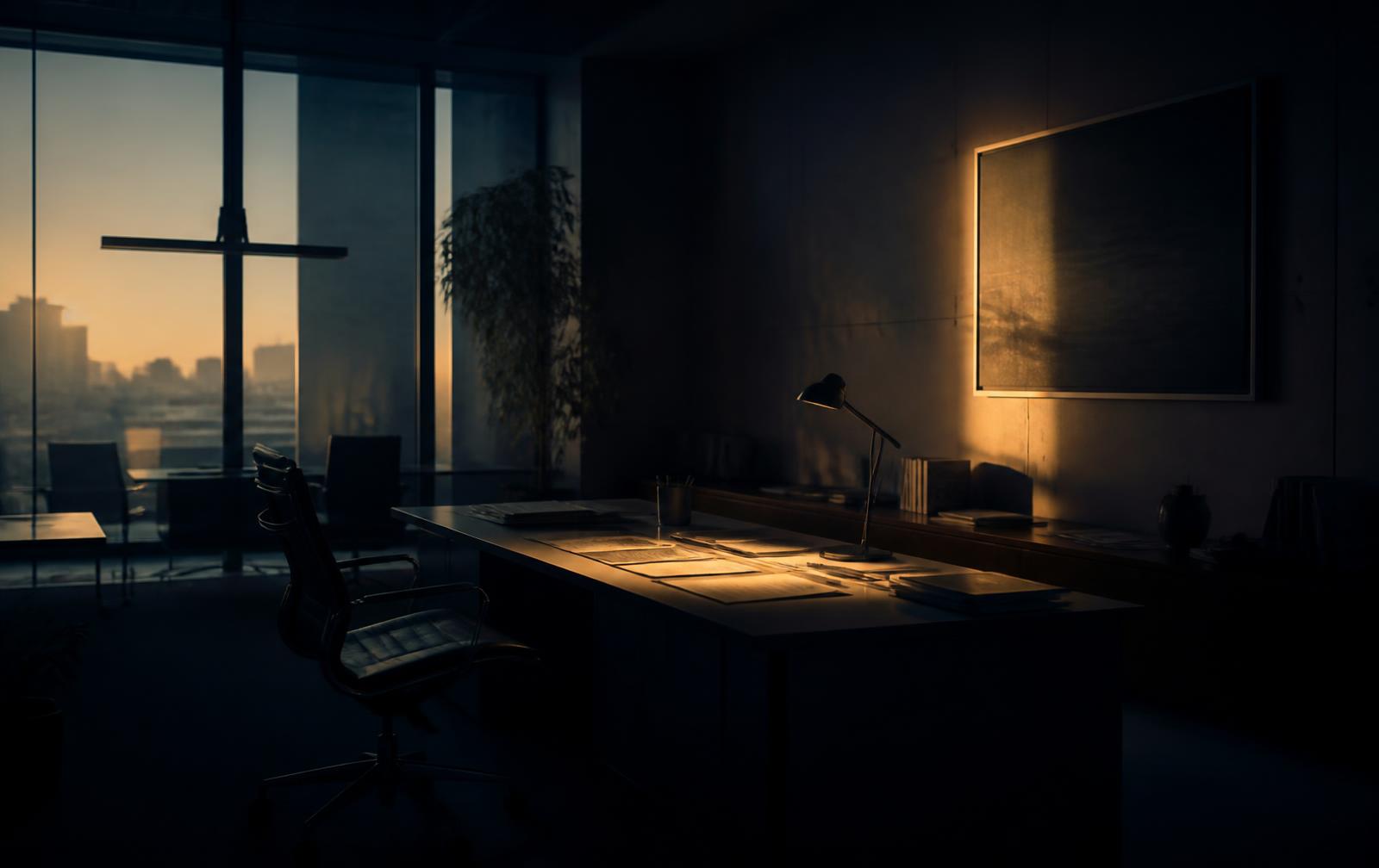 A quiet office at dawn with paperwork left across a desk
